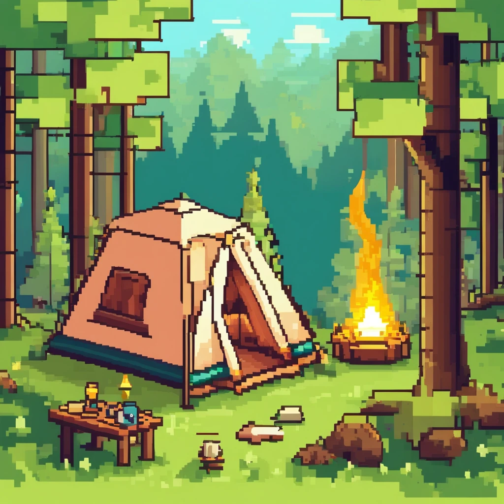 Camping in the wild forest in spring, With tent, lamp lights, Sunny, pastelcolor, High brightness, Low saturation, Pixel art