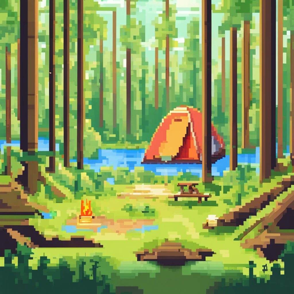 Camping in the wild forest in spring, With tent, lamp lights, Sunny, pastelcolor, High brightness, Low saturation, Pixel art