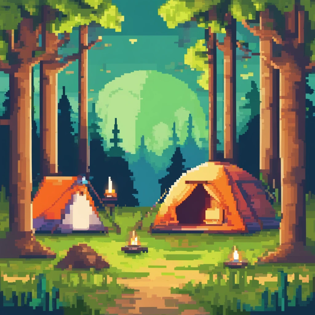 Camping in the wild forest in spring, With tent, lamp lights, Sunny, pastelcolor, High brightness, Low saturation, Pixel art