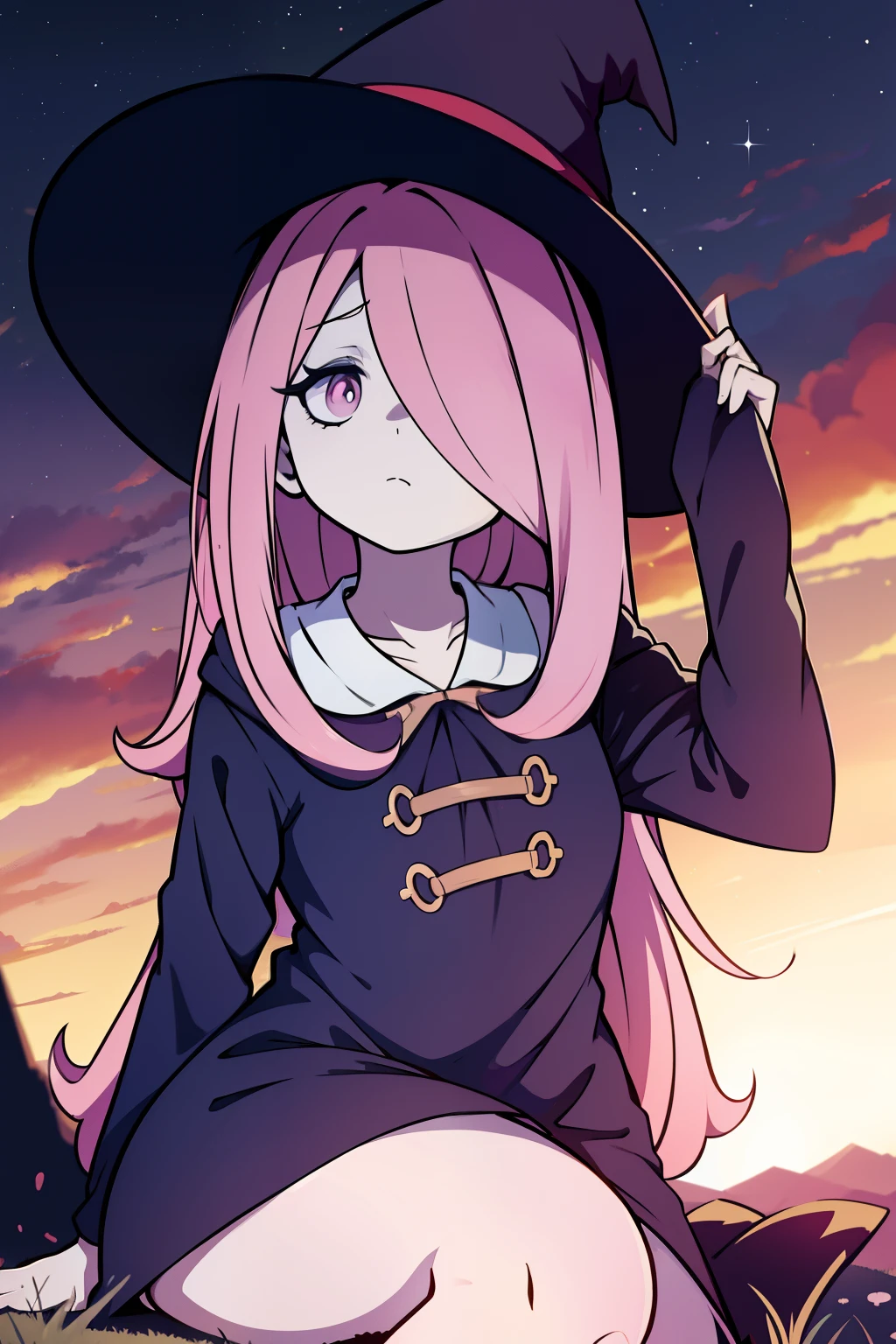 masterpiece,best quality,high quality, best quality, 4k,8k,Sucy Manbavaran, witch hat, dull pink hair, night sky, stars, hair over eye, illustration,anime style, pale skin, droopy eyes, sleepy expression, curvy, sitting on rock, field of mushrooms, hands at side,anmnr, anime artstyle, bags under eyes