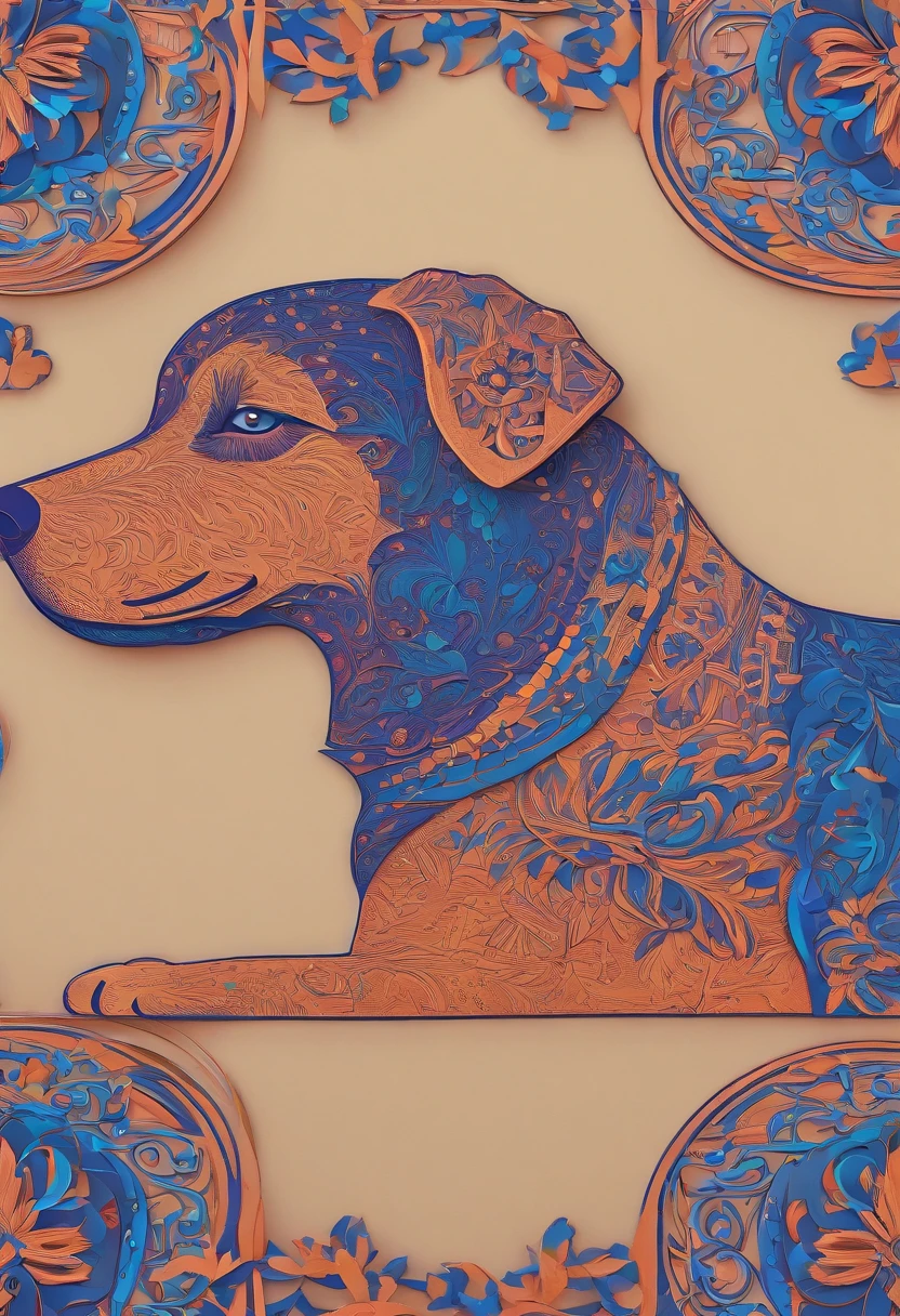 the dog is in bluein this paper cut illustration, in the style of eastern-inspired motifs, lith printing, eye-catching tags, precisionist lines, light purple and cblue, clean and sharp inking, terracotta medallions
