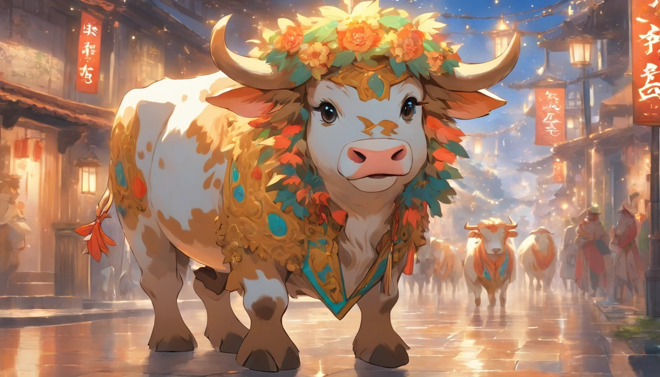 Zodiac cow A fluffy cow, ,Big eyes, Dress up in festive costumes, Standing on the side of the street, Ancient style, Snes painting