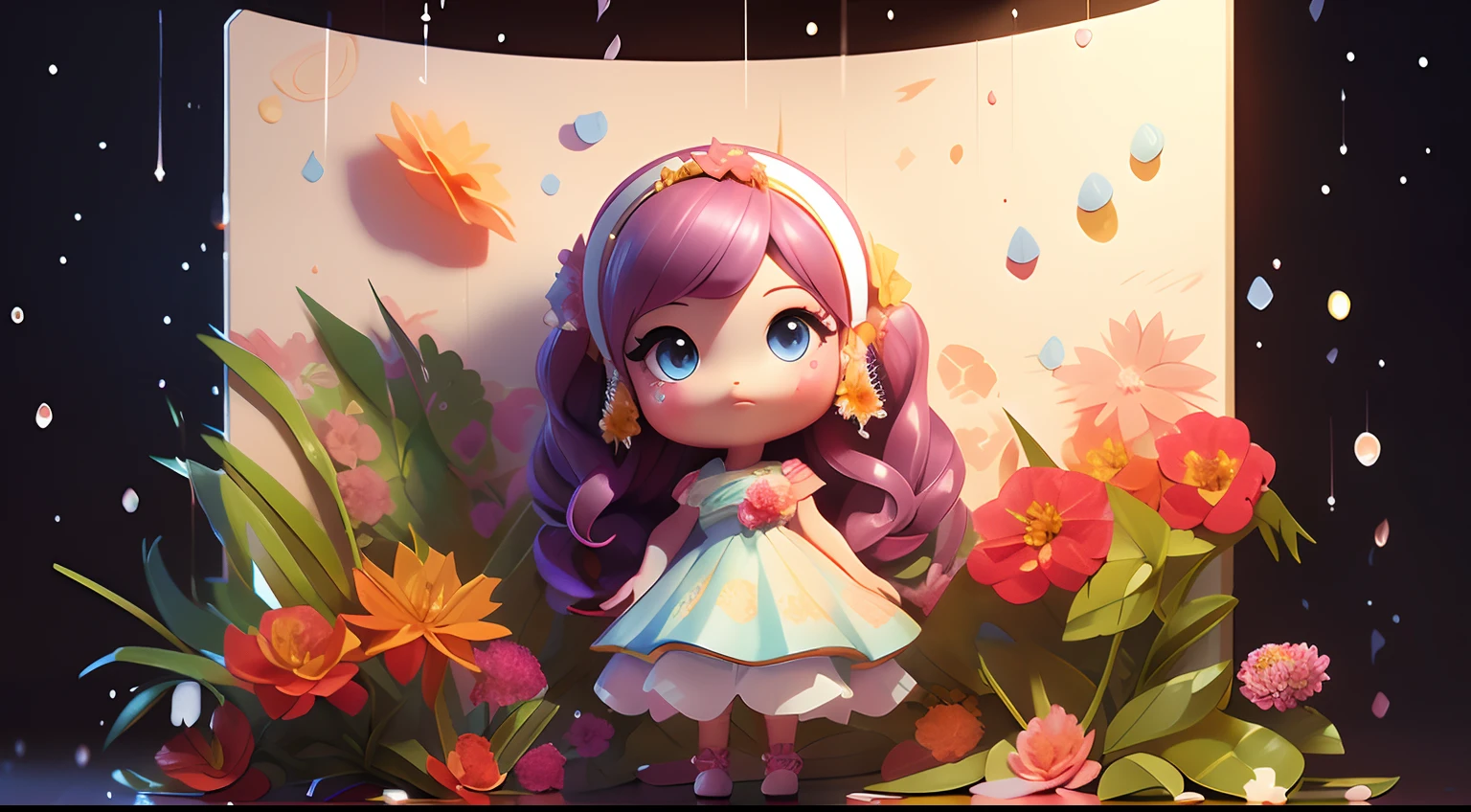 photoRealstic、Doll standing in front of the painting(nendroid)、swim wears、Water droplets on the cheeks、Pose with the index finger of your right hand on your cheek、Sengai、pixiv、rokoko、dollfie dream、watercolor Nendoroid、(High Definition Figure)、Flowing iridescent silk、up of face、There are also flowers in front of the nendroids、Hibiscus petals、season!!: 夏☀ 🍂 ハイビスカス
