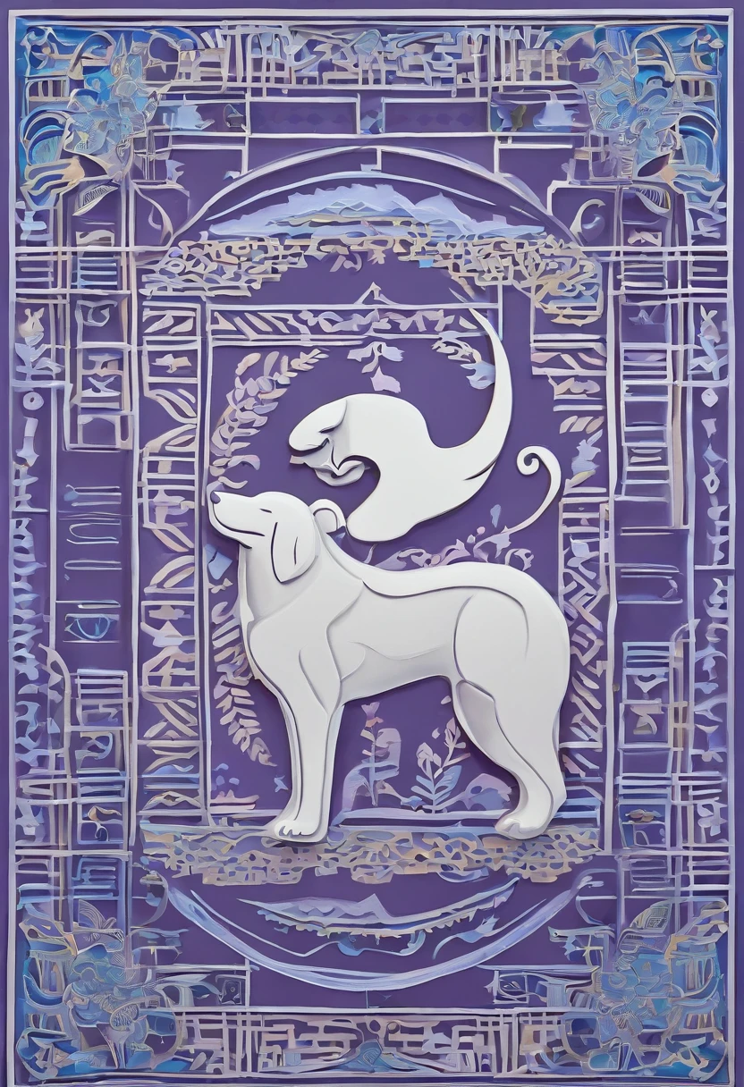 the dog is in bluein this paper cut illustration, in the style of eastern-inspired motifs, lith printing, eye-catching tags, precisionist lines, light purple and cblue, clean and sharp inking, terracotta medallions