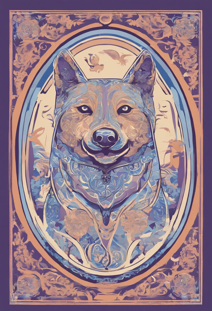 the dog is in bluein this paper cut illustration, in the style of eastern-inspired motifs, lith printing, eye-catching tags, precisionist lines, light purple and cblue, clean and sharp inking, terracotta medallions