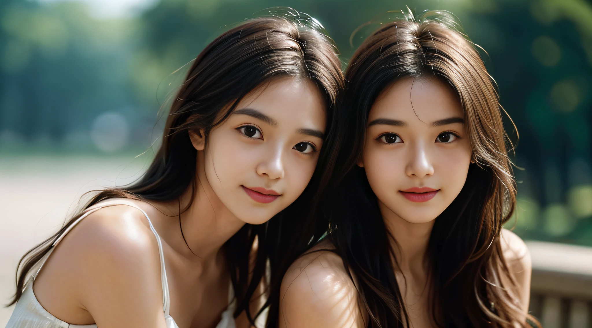 film portrait photography, 1girll, Bare shoulders, Wavy shoulder-length hair, serene, calm, (Realistic detailed eyes, Natural skin texture, Realistic face details), Soft dramatic lighting, Depth of field, Bokeh, vibrant detail, finely detailed, Hyperrealistic, 35mm film, Hazy and blurry, filmg, Shy smile
