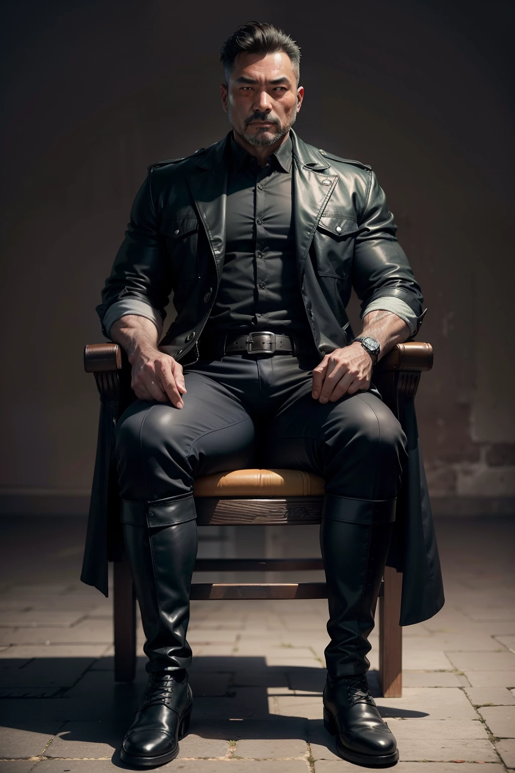 45-year-old middle-aged man,Man,uncles,Height 195,Asian people,seated on a throne,God perspective,The eyes are about to face each other,Chinese men,musculature,Lift one foot,Wears a long black trench coat,Black socks,Black tall riding boots,Wear riding boots,wearing military shoes,Black riding boots,Ferocious and ferocious,Prison background,Rope in hand