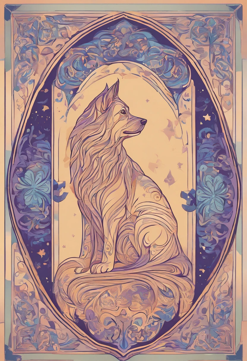 the dog is in bluein this paper cut illustration, in the style of eastern-inspired motifs, lith printing, eye-catching tags, precisionist lines, light purple and cblue, clean and sharp inking, terracotta medallions