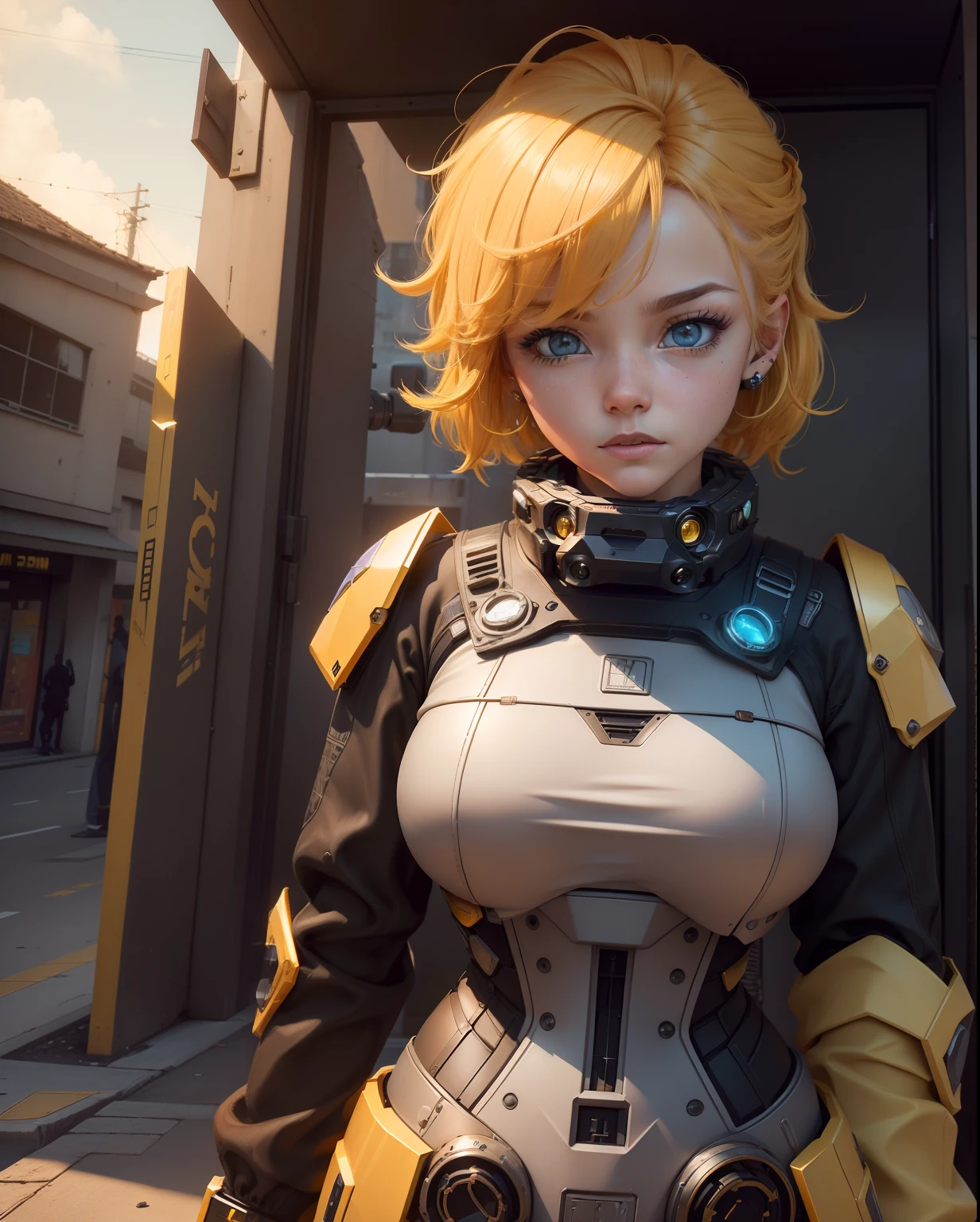 (master part:1.3), (best cinematic quality:1.2), (extremely detailed configuration:2), (macio+artistic lighting), (1st grade), cabelos azuis curtos, (olho+amarelo+vermelho:1.4), (olhos multicoloridos+heterocromia), usando roupas cyberpunk, Futuristic, technological, City scenery with (Robots to the Redor)0.4], giving dramatic scenery.