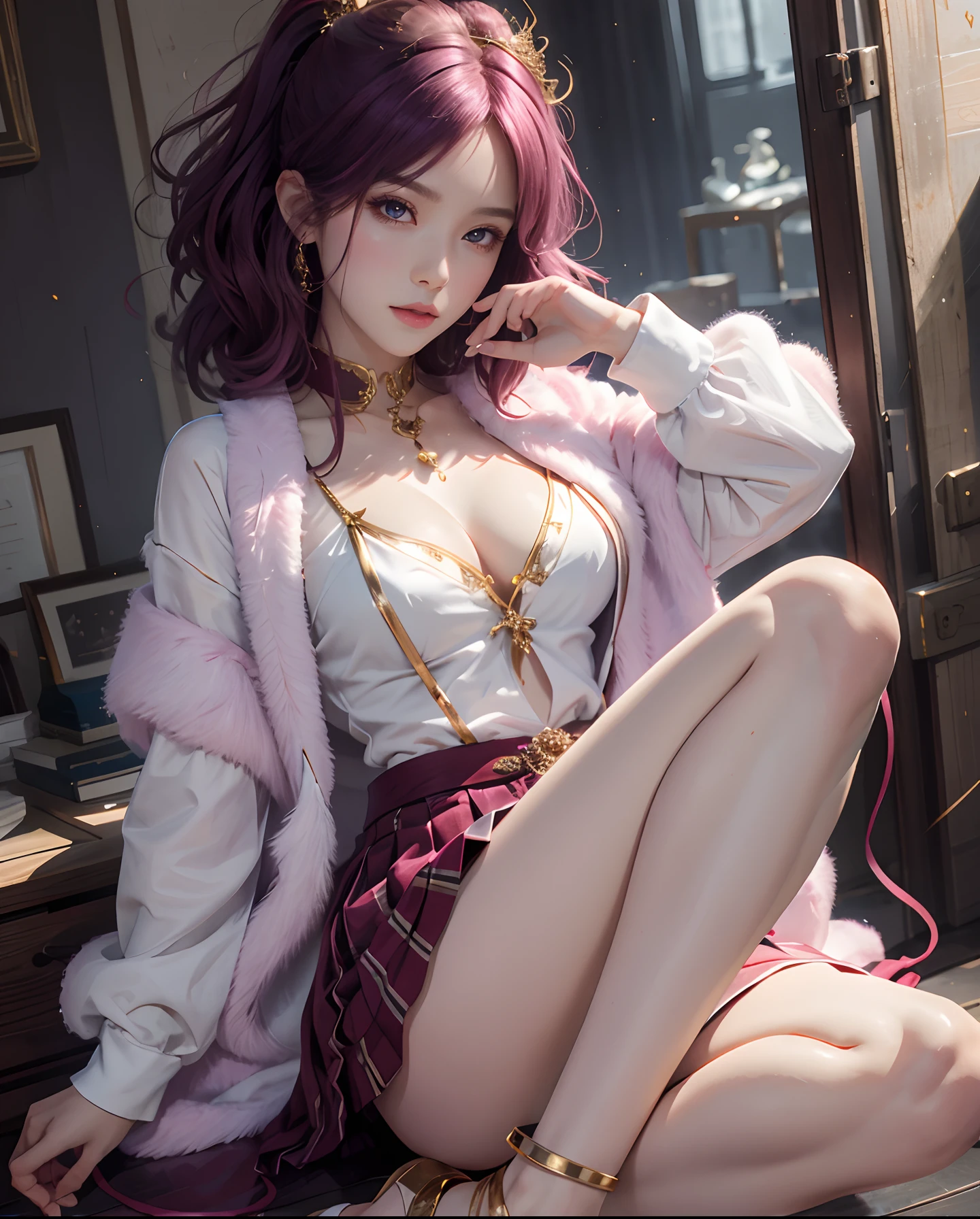Dengeki Princess of Magic Academy、Electromaster、1Beautifulwoman、Academy of Magic Uniform、Lightning is in your hands, Maroon hair,short-cut、skirt by the,maroon eyes、Angle from above the knee、Breasts are small and B size、A slender、Cleavage is visible。legs are thin and beautiful,the skin is white and transparent,high-heels、Gold Anklet、
