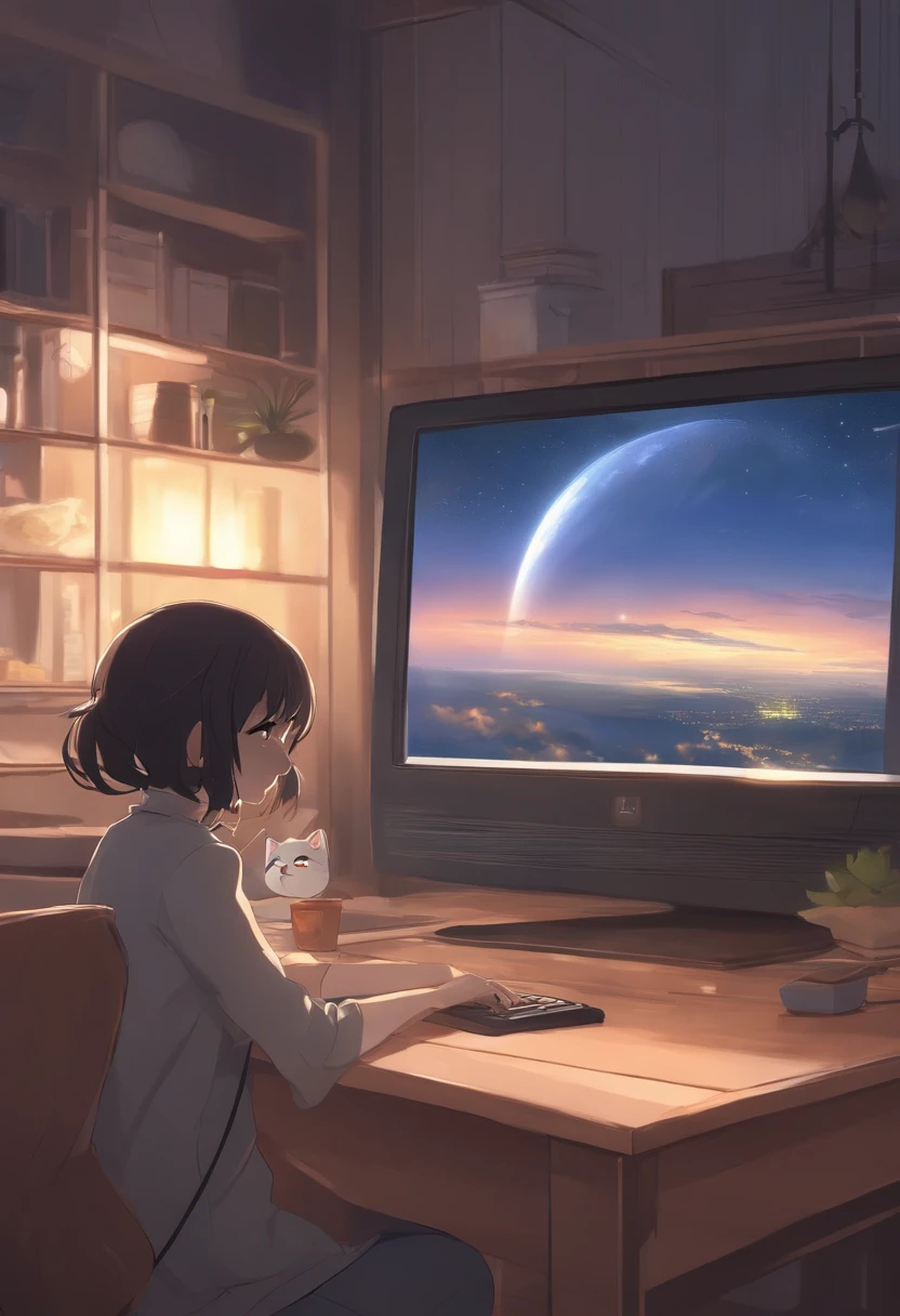 A girl sits at a table with a computer next to a cat next to the computer, concept art by Shinkaisei，magic realism，beautiful anime scenes，Cosmos Sky。 by makoto shinkai, ( ( makoto shinkai ) ), Anime background art, anime backgrounds, Makoto Shinkai's style, anime movie backgrounds,