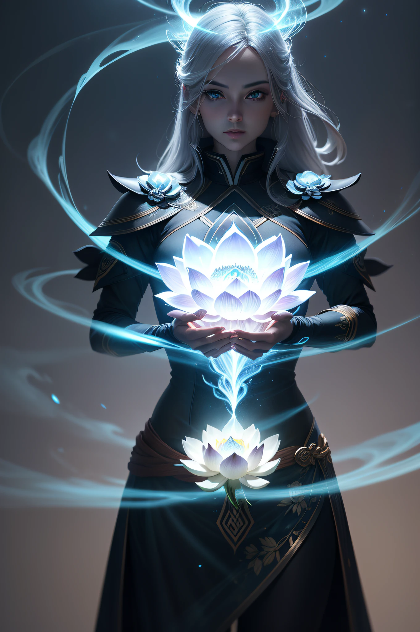 The Great Lotus in the Light of Tyndall {blue white colors}Fire，Lightning arc，Light effects,CG,Blizzard style art trends,Diffuse luminous fog Noctilucent particles,Bright volumetric lamp ，black lotus