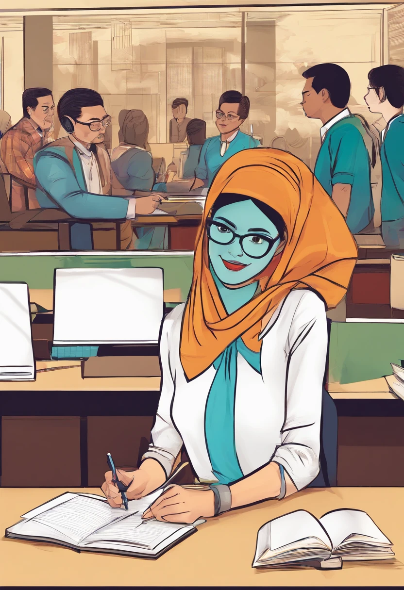 Beautiful Malay matured women in office attire teaching graphic design in classroom