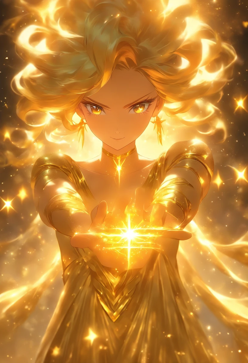 (Golden Goddess Freyer, Majestic Goddess of Love and Magic, Her hands shine with mysterious power.Her hands shine warm and charmingly.Her presence is a light of hope and joy.Her golden aura is、It is a shining golden aura of love and protection.Shooting star brilliance、Golden moonlight、Beautiful Finger、Detailed heart-shaped aura at your fingertips、
