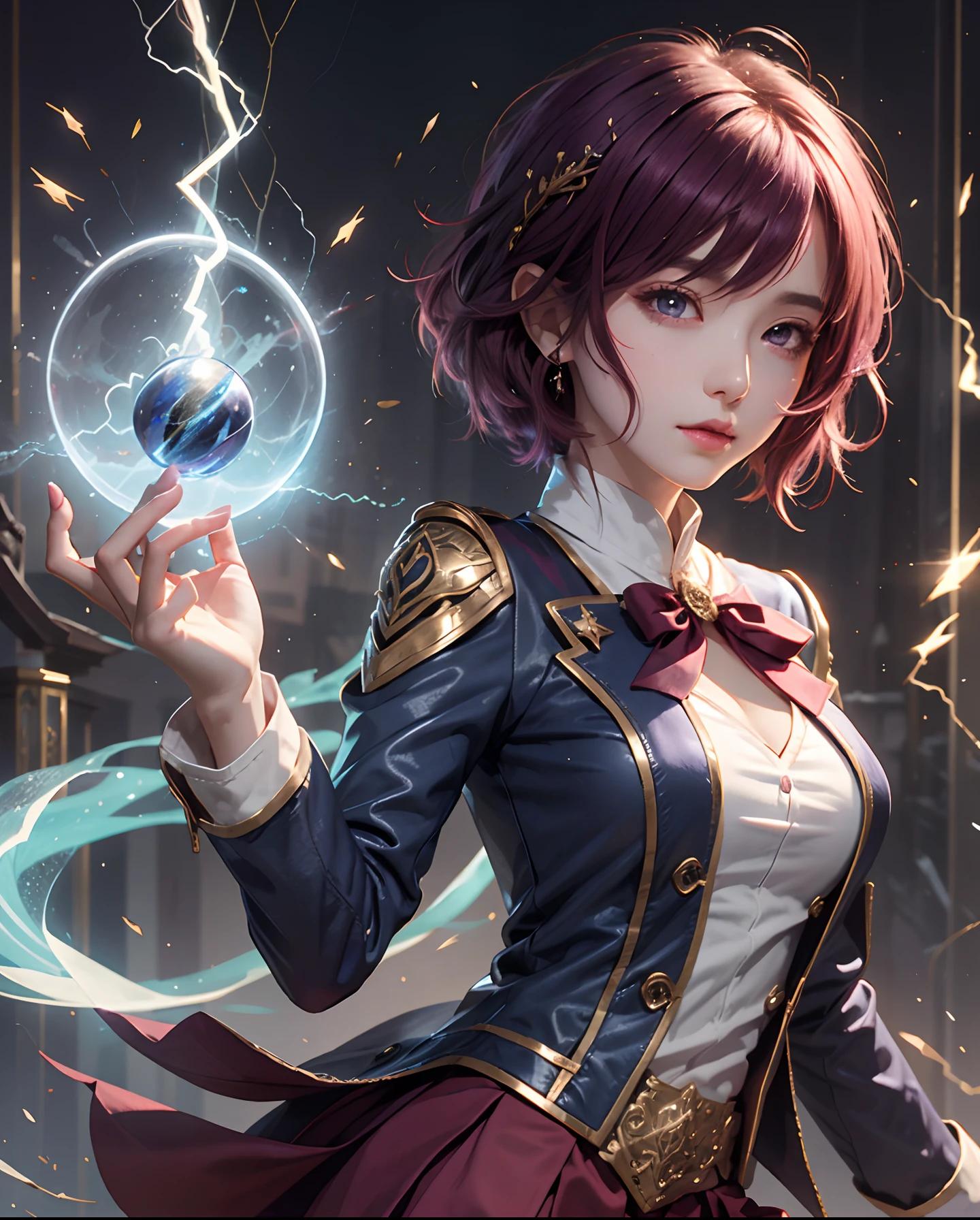 Dengeki Princess of Magic Academy、Electromaster、1Beautifulwoman、Academy of Magic Uniform、Lightning is in your hands, Maroon hair,short-cut、skirt by the,maroon eyes、