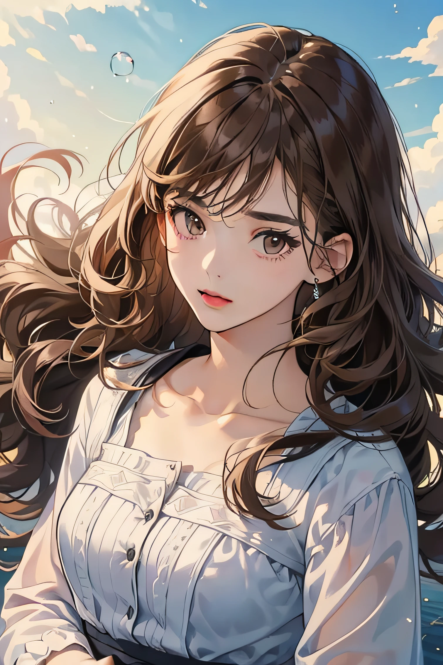 Masterpiece, best quality, anime, 1woman, quiet, calm and pretty young woman, 16 years old, ((close mouth)), extremely detailed, a little distance, ((dark brown eyes)), ((wavy with bang brunette hair)), bubble floating