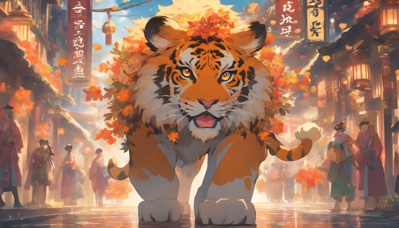 Zodiac Tiger A fluffy cow, ,Big eyes, Dress up in festive costumes, Standing on the side of the street, Ancient style, Artistic touch，Snes painting