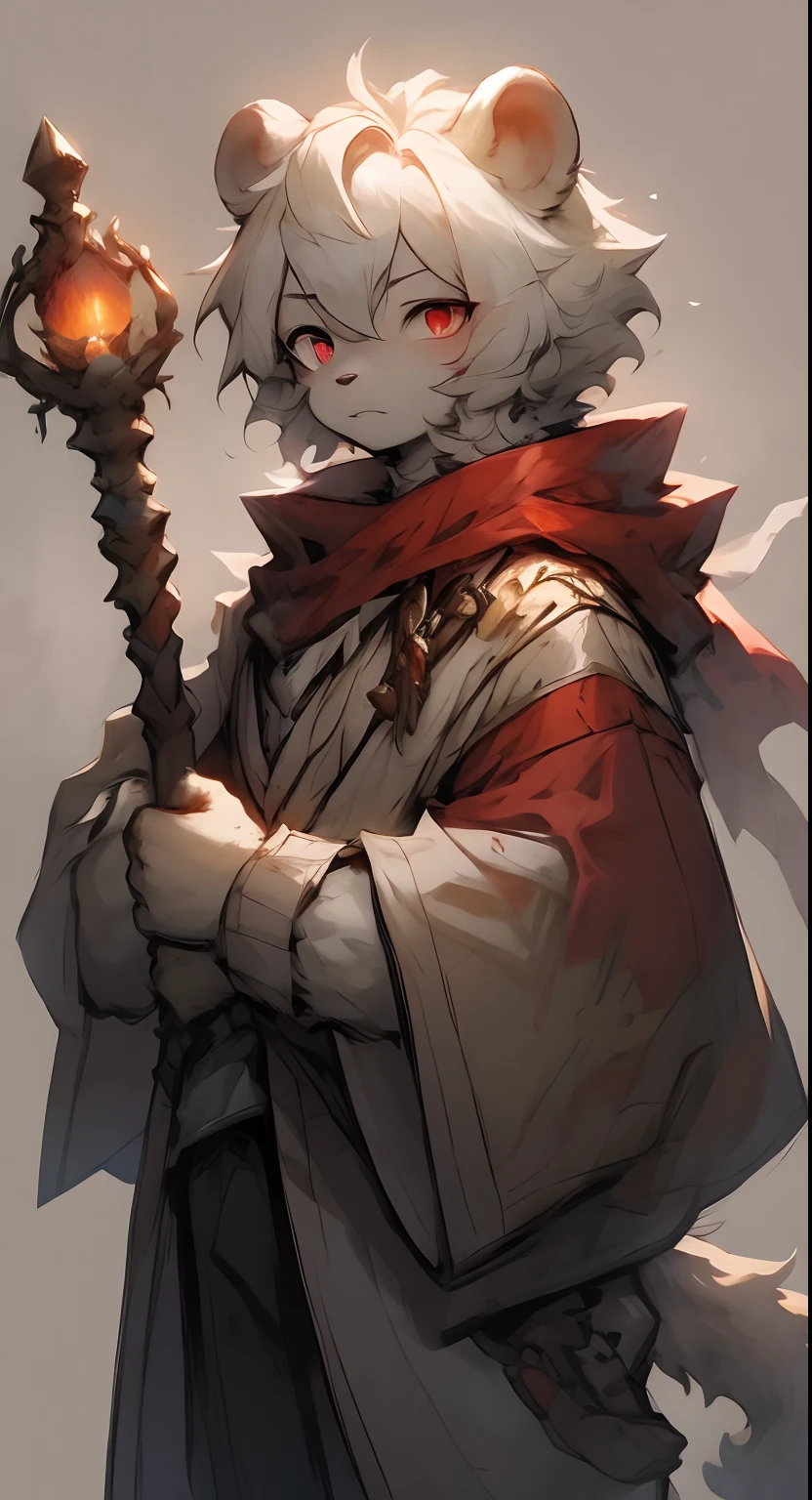 Master masterpieces,A high resolution,8K,detailedbackground,high qulity,(Little white polar bear,He has snow-white fur,Red eyes, Snow-white round ears. Holding a golden wand,Draped in a red shawl.。White Bear anime, White-haired little polar bear, Little polar bear holding a torch)) shaggy,furry art,younge boy,独奏
