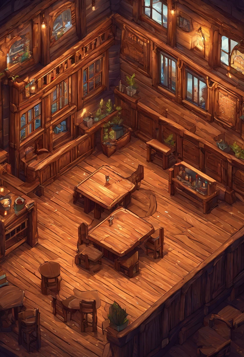 absurderes, Best Quality, Fantasy, Isometric, Knoling style (Inside a miniature wooden pub:1.2), wood, a chair,table,Duplex,Tavern,stairs,A table, (Simple background:1.2)