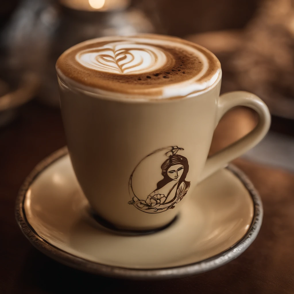 A coffee contains some artistic coffee latte art, in the style of ethereal figures, orient - inspired, avocadopunk, sculpted, kubisi art, avian - themed, carrie mae weems