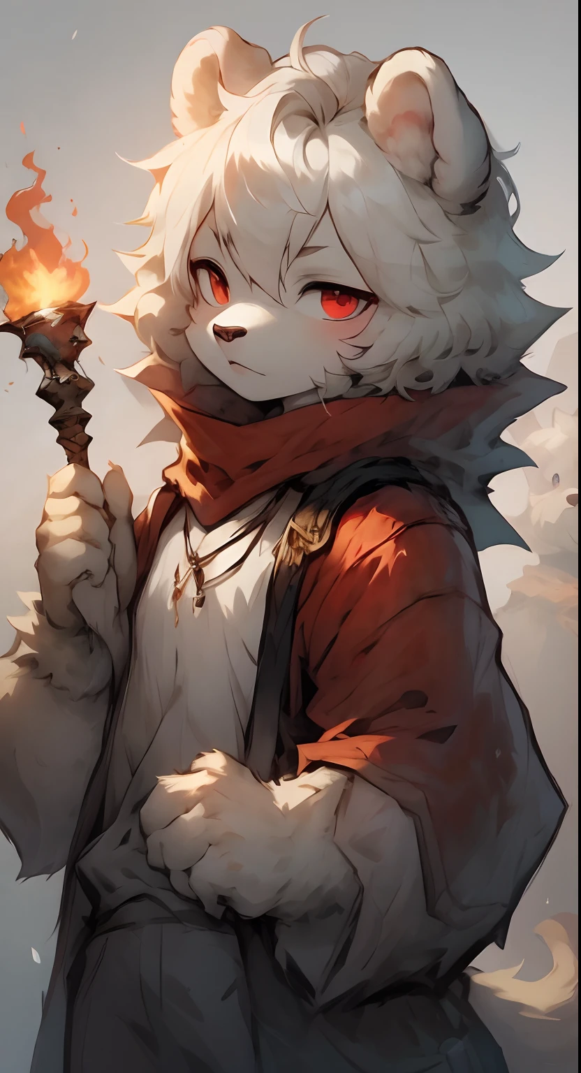 Master masterpieces,A high resolution,8K,detailedbackground,high qulity,(Little white polar bear,He has snow-white fur,Red eyes, Snow-white round ears. Holding a golden wand,Draped in a red shawl.。White Bear anime, White-haired little polar bear, Little polar bear holding a torch)) shaggy,furry art,younge boy,独奏
