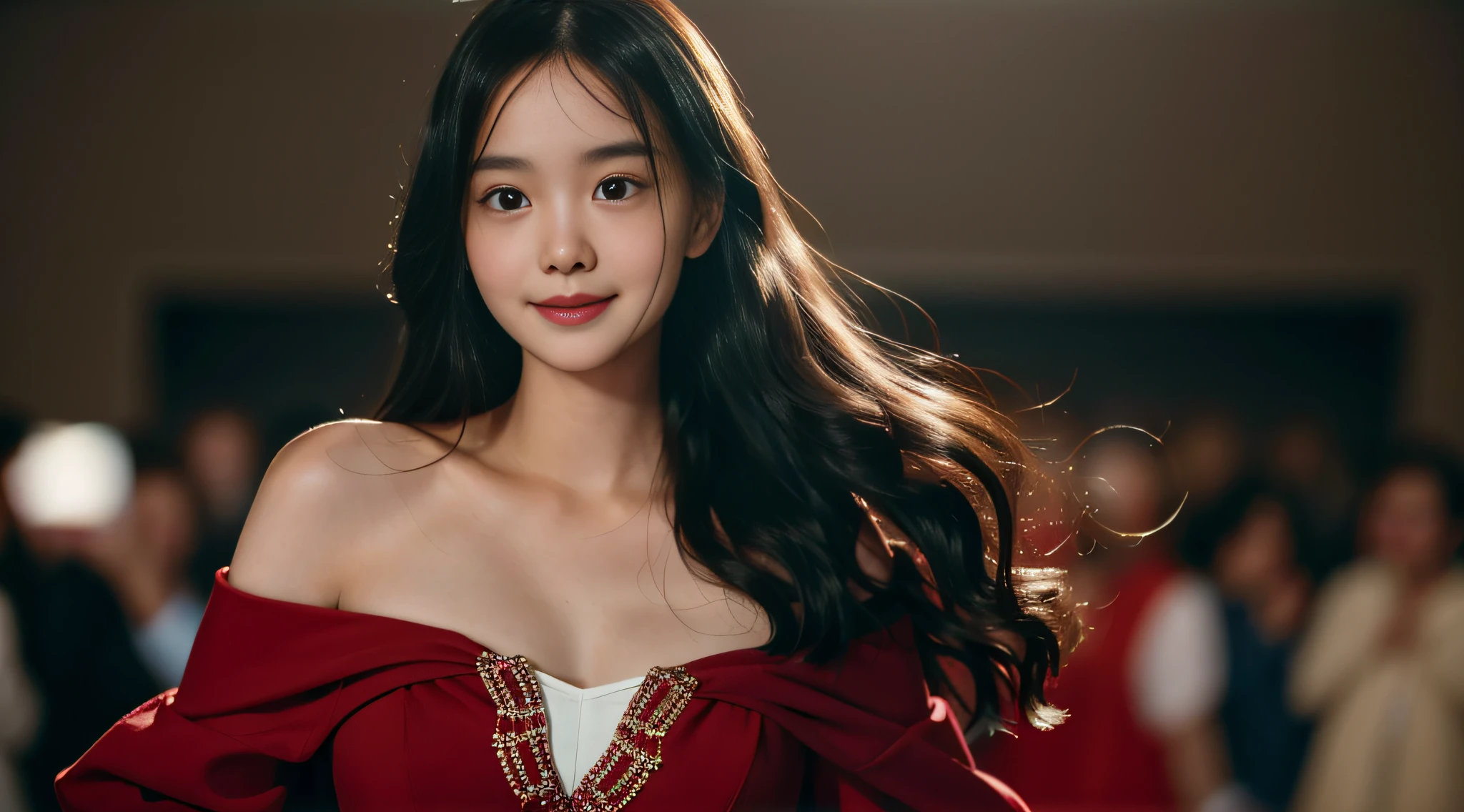 film portrait photography, 1girll, Wavy shoulder-length hair (Realistic detailed eyes, Natural skin texture, Realistic face details), Soft dramatic lighting, Depth of field, Bokeh, vibrant detail, finely detailed, Hyperrealistic, 35mm film, Hazy and blurry, filmg,Happy smile, Dancing, Dressed in a red and black college uniform evening gown elegantly, S movie star