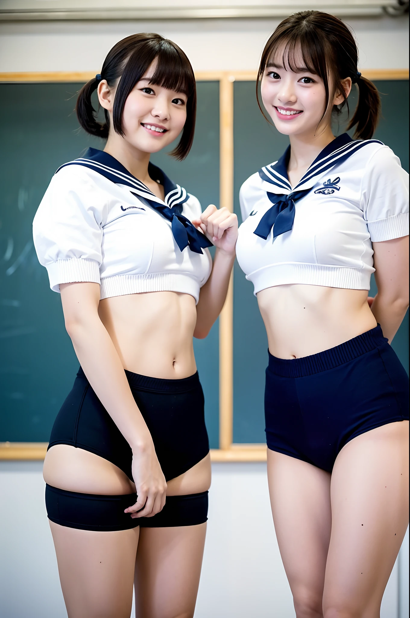 2 girls standing in school classroom,white sailor shirt and navy blue knitted bikini bottom,18-year-old,bangs,a little smile,thighs,crotch,knees,short cut hair,poneytail,from below