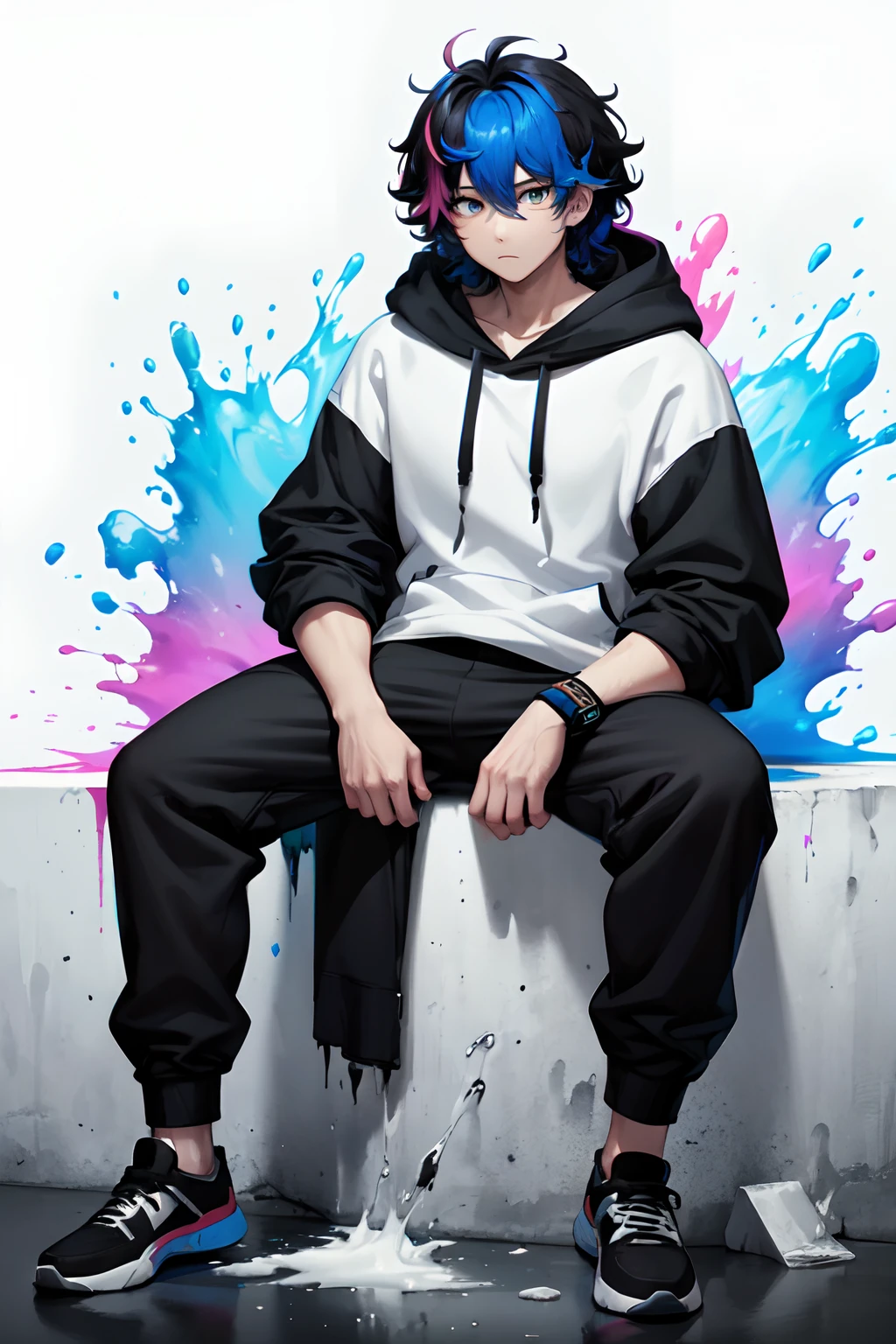 paint, boy, muscular, colourful hair, colourful clothes, covered body, heavy clothes, palet in hand, bruh, black gradient, hoodie, pants, sitting , messy hair, curly hair, messy, water, splash, white and black theme
