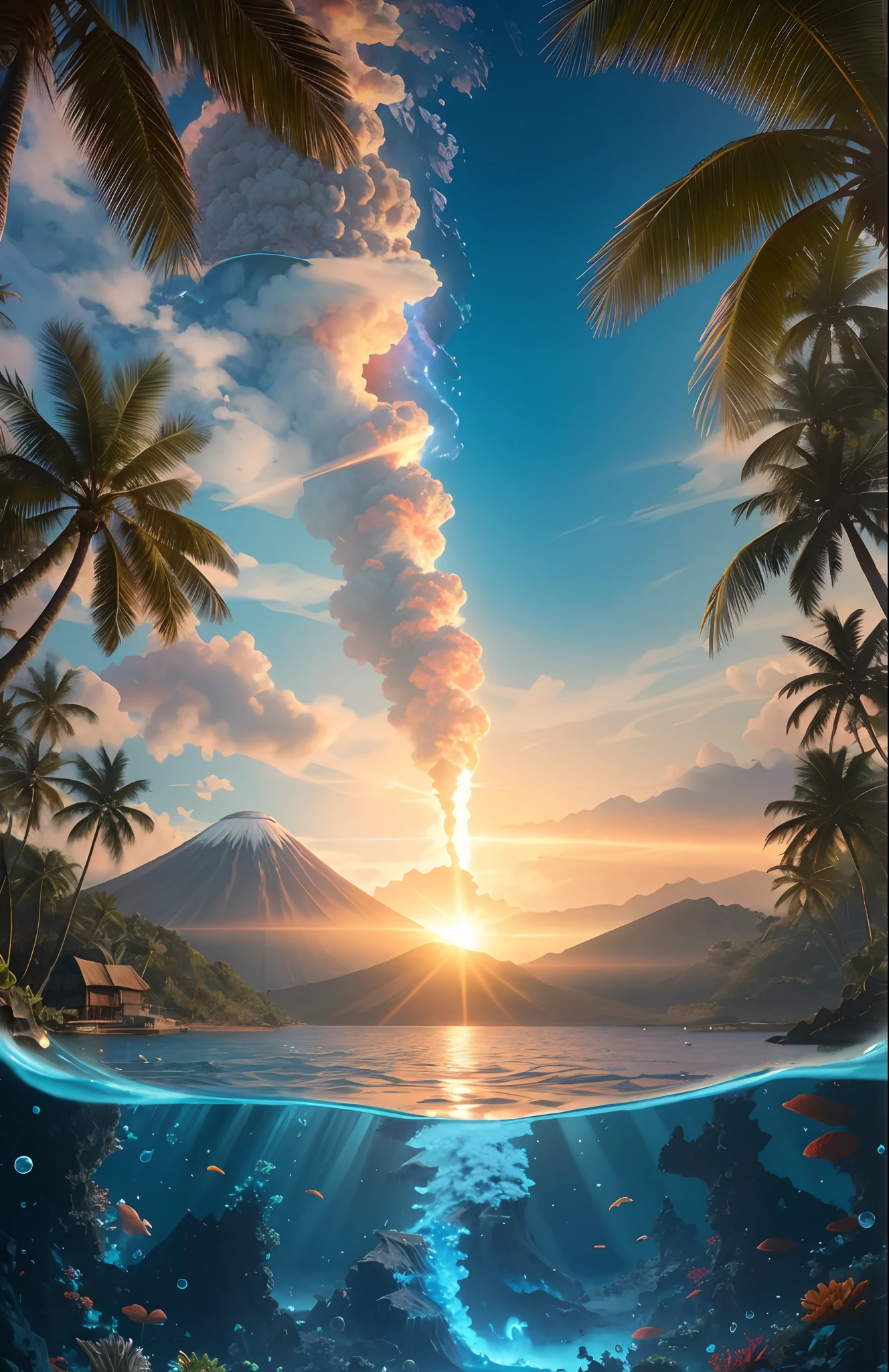 arafed view of a volcano and a tropical island with corals, beautiful art uhd 4 k, amazing wallpaper, wallpaper 4k, wallpaper 4 k, magnificent background, surrealism 8k, 4 k hd illustrative wallpaper, epic matte painting of an island, 4 k wallpaper, 4k wallpaper, reflecting an erupting volcano, pc wallpaper