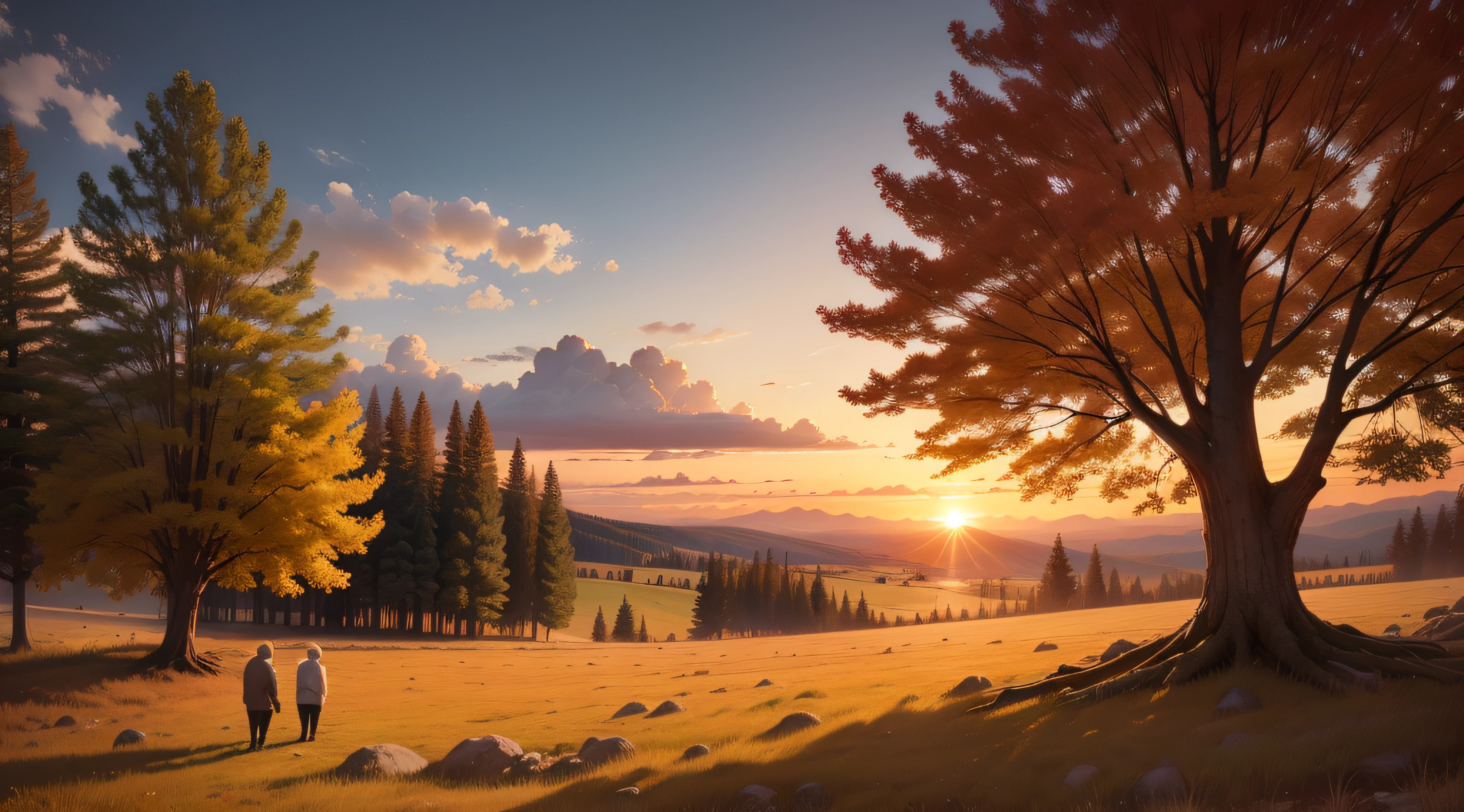 landscape, sunset, tree, meadow, old man, autumn