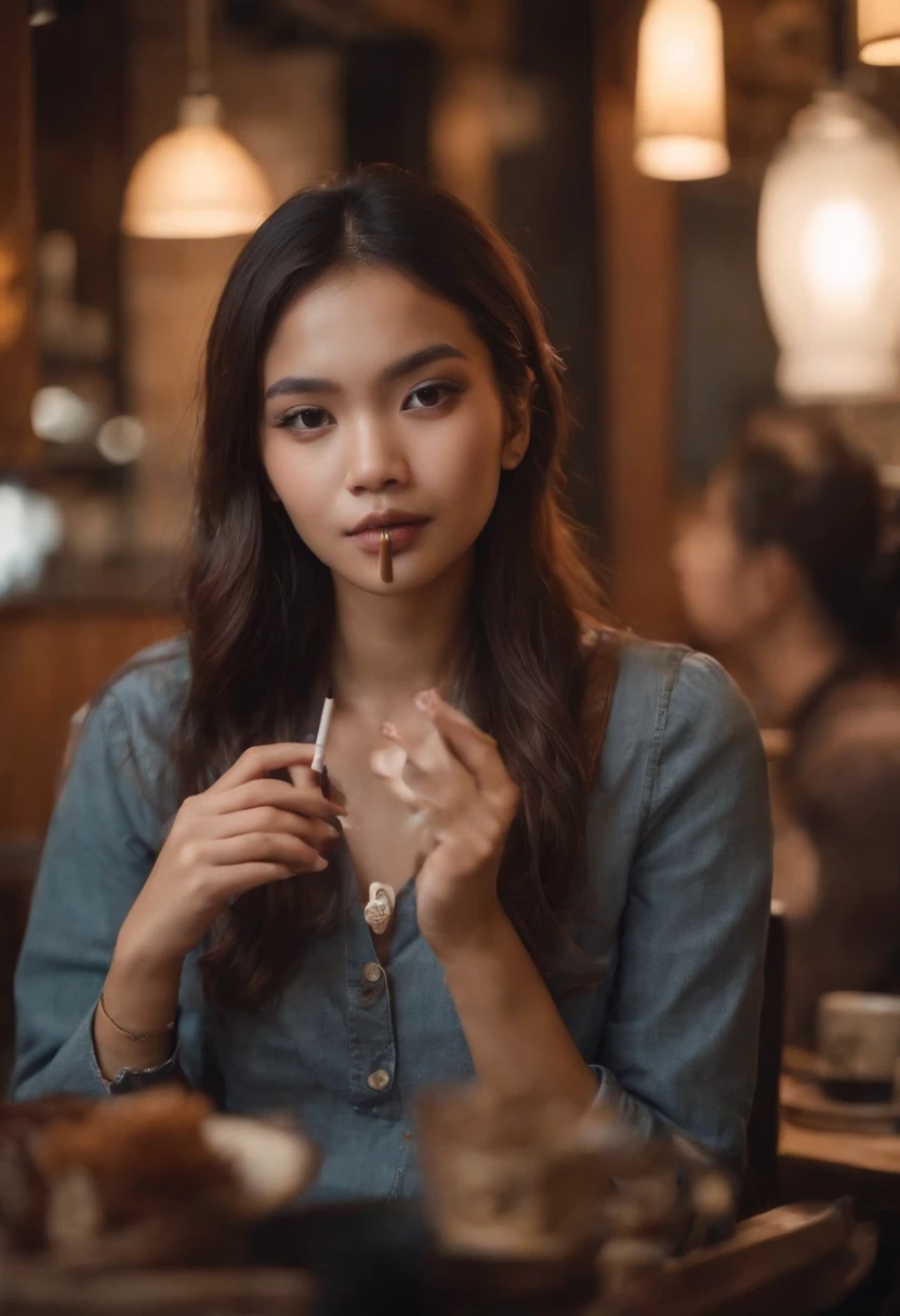 One malay girl in rockers fashion smoking cigarette in cafe, cozy atmosphere,