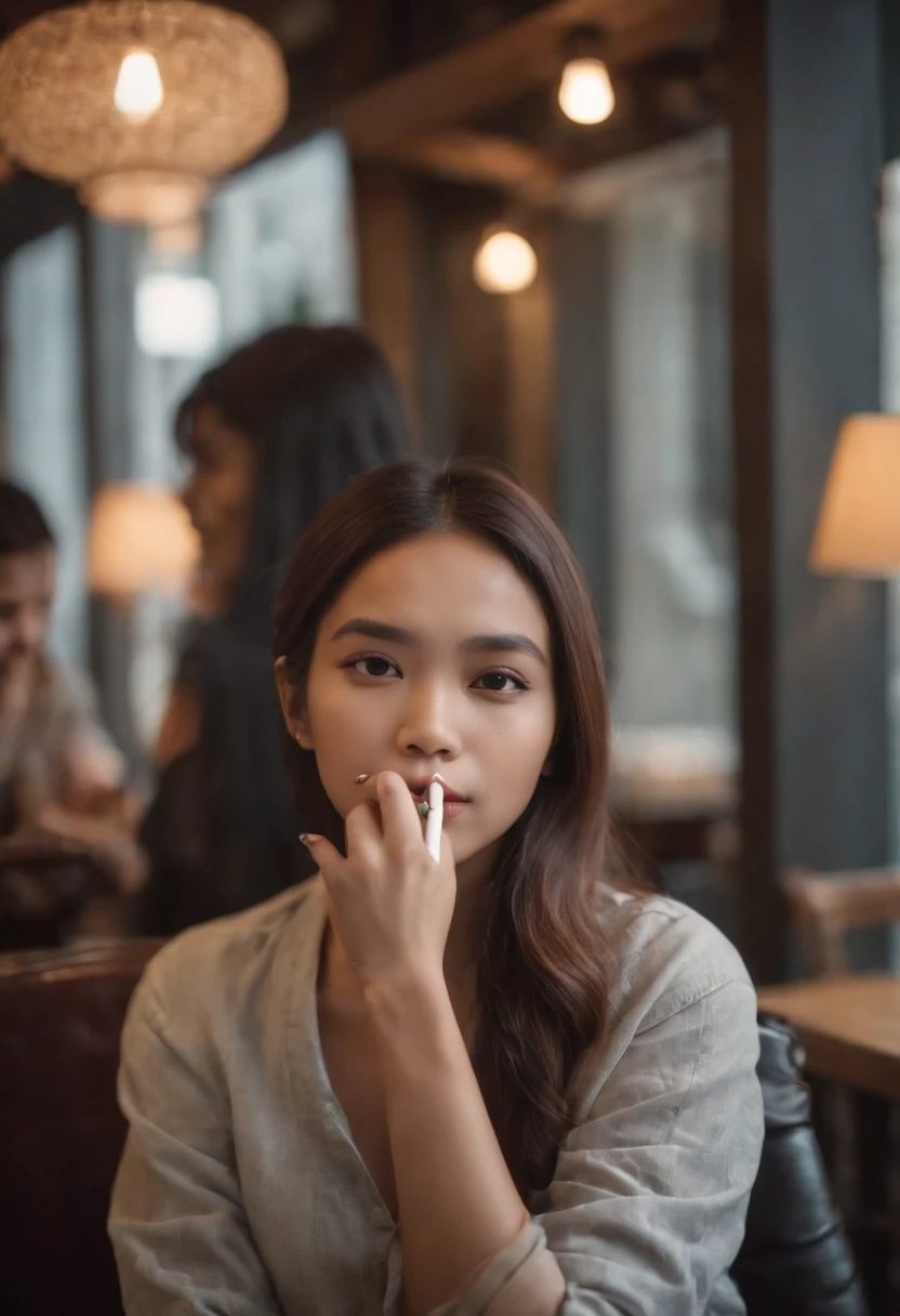 One malay girl in rockers fashion smoking cigarette in cafe, cozy atmosphere,