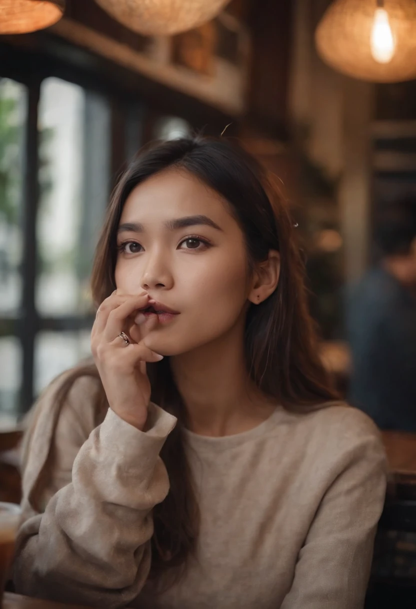 One malay girl in rockers fashion smoking cigarette in cafe, cozy atmosphere,