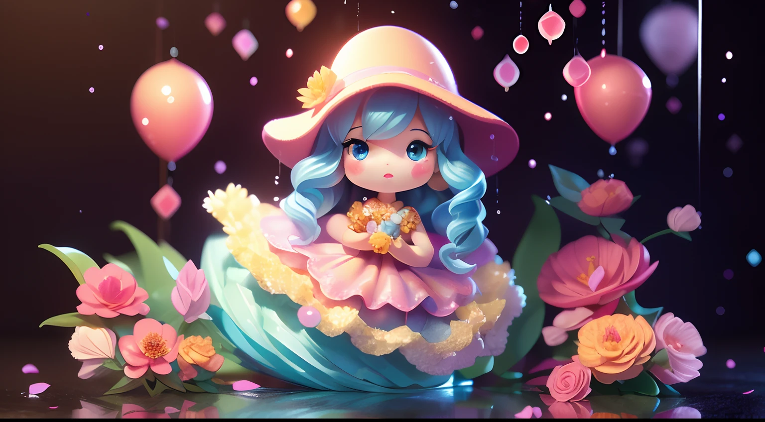 photoRealstic、Doll standing in front of the painting（nendroid）、Water droplets on the cheeks、Put your index finger on your cheek and strike a cute pose、Sengai、pixiv、rokoko、dollfie dream、watercolor Nendoroid、(High Definition Figure)、Flowing iridescent silk、up of face、There are also flowers in front of the nendroids、Hibiscus petals、season!!: 夏☀ 🍂 ハイビスカス
