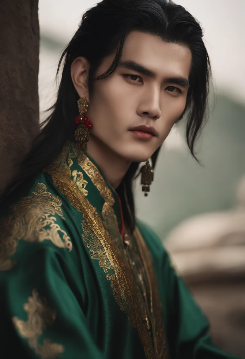 male people，Dark green gradient ear crushed hair，one meter seven，Tattooed with，Chinese style clothes，Golden pupils