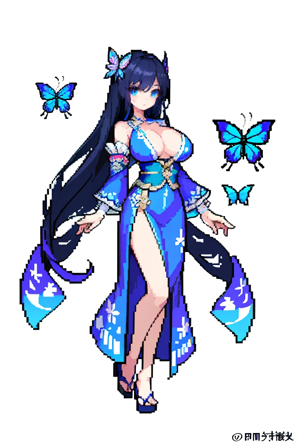 (​masterpiece、top-quality、top-quality)、pixels、Pixel art、long loose black hair、Blue eyes、One girl、Kanzashi、((Courtesan style bright butterfly kimono dress with big exposed breasts))、full body Esbian、huge-breasted、痴女