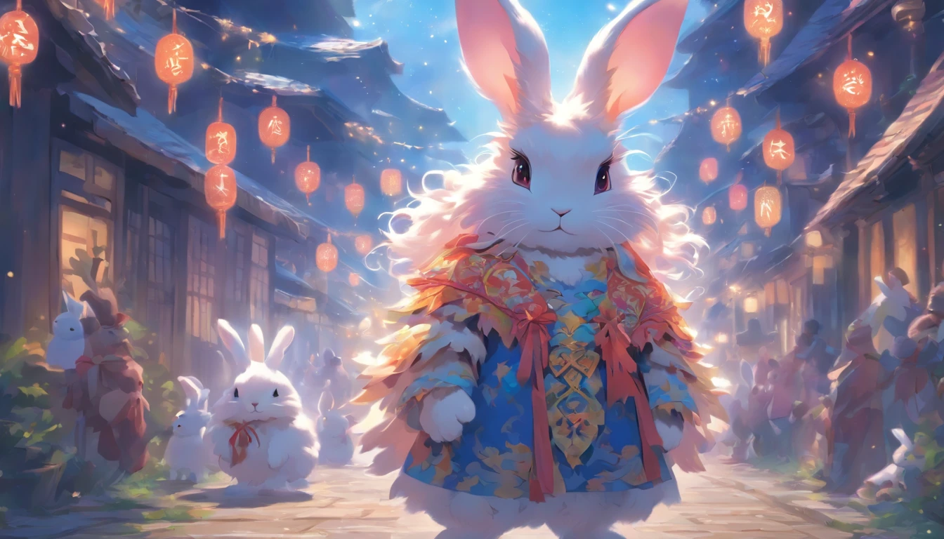 Zodiac rabbit A fluffy rabbit, ,Big eyes, Dress up in festive costumes, Standing on the side of the street, Ancient style, Artistic touch,Snes painting