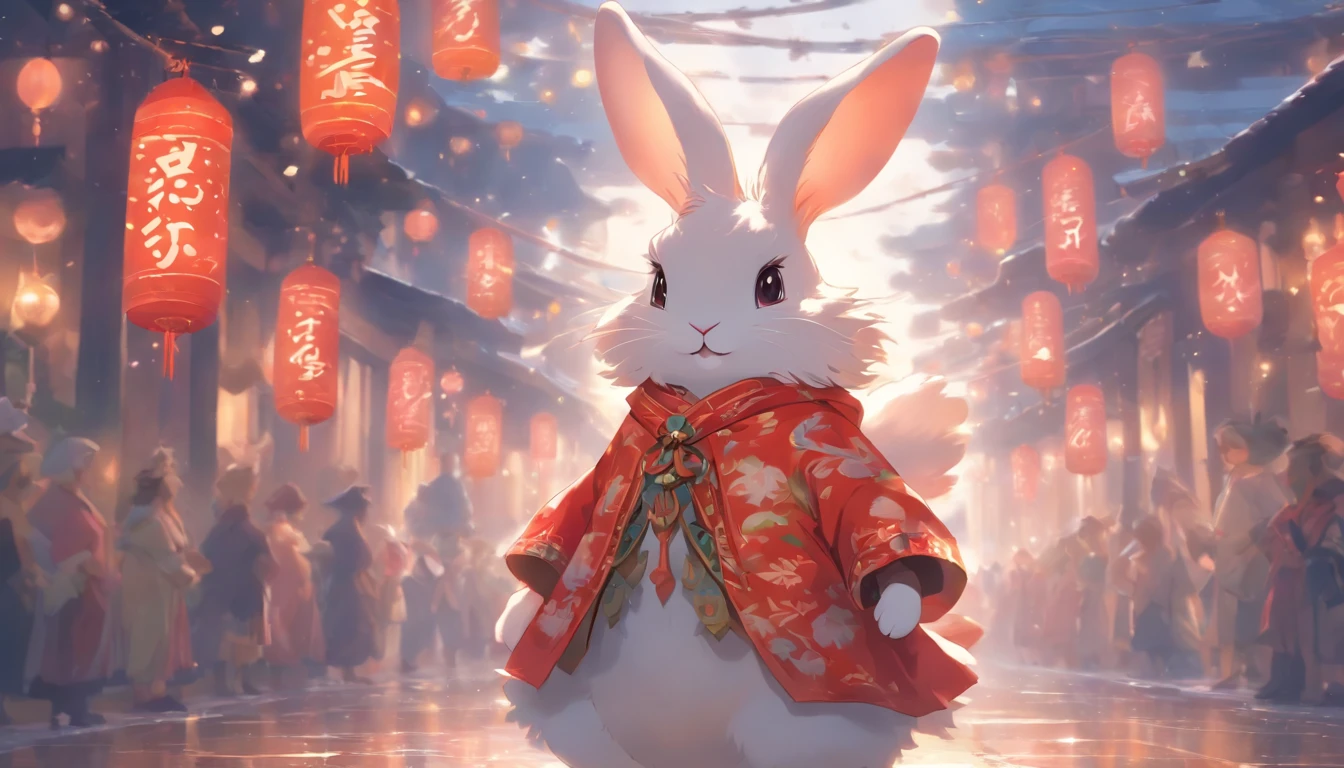 Zodiac rabbit A fluffy rabbit, ,Big eyes, Dress up in festive costumes, Standing on the side of the street, Ancient style, Artistic touch,Snes painting