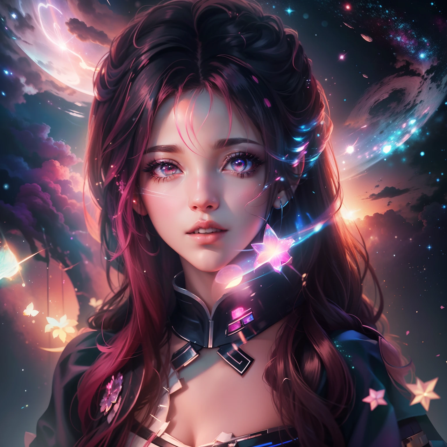 Garota fofa, galaxy in your eyes, cores predominantes rosa e preto, realistic kawai anime style , lindos e delicados detalhes , noite estrelada, lua brilhante e neon