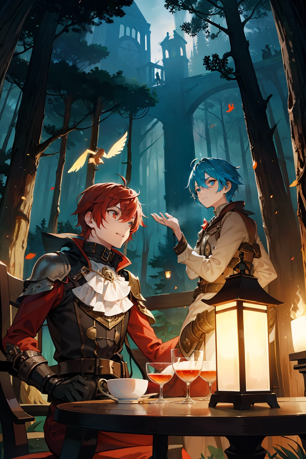 male people　twinks　{{ember}}　steampunc 　tea parties　Wonderland　The World of Fairy Tales　in woods　evening　Flocks of colorful birds 　Strange animals