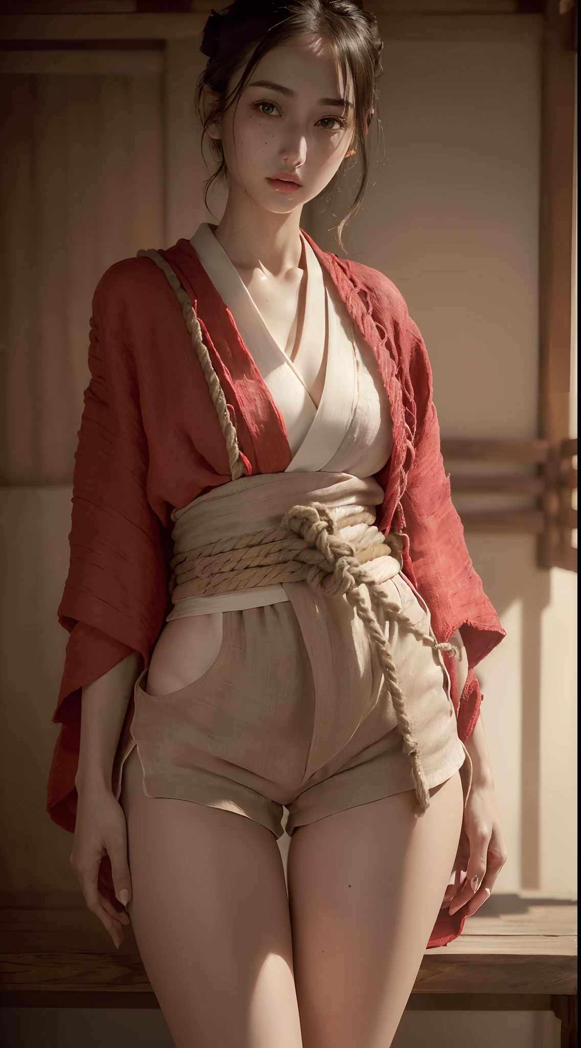 Manwa,dynamic pose, 1girl,pale skin,delicate face,moles,intricate details,(rugged kimono:1.2,rope belt,red linen shorts with open sides:1.3),small waist,(wide thigh gap:1.3,thick thighs:1.3),white background,(best quality:1.2,ultra-detailed,realistic:1.37),portrait,soft colors,polished lighting