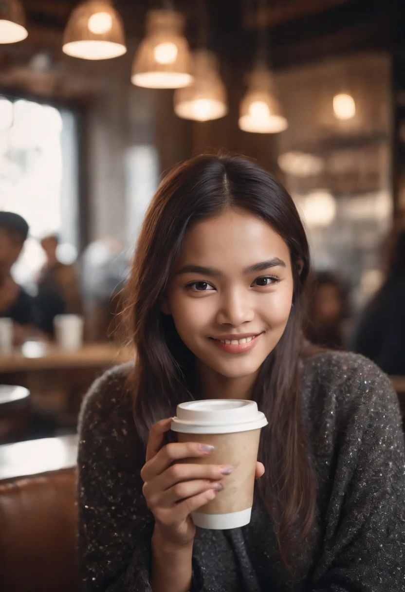 One malay girl in rock fashion drinking coffee in cafe, cozy atmosphere, smiling to the camera,