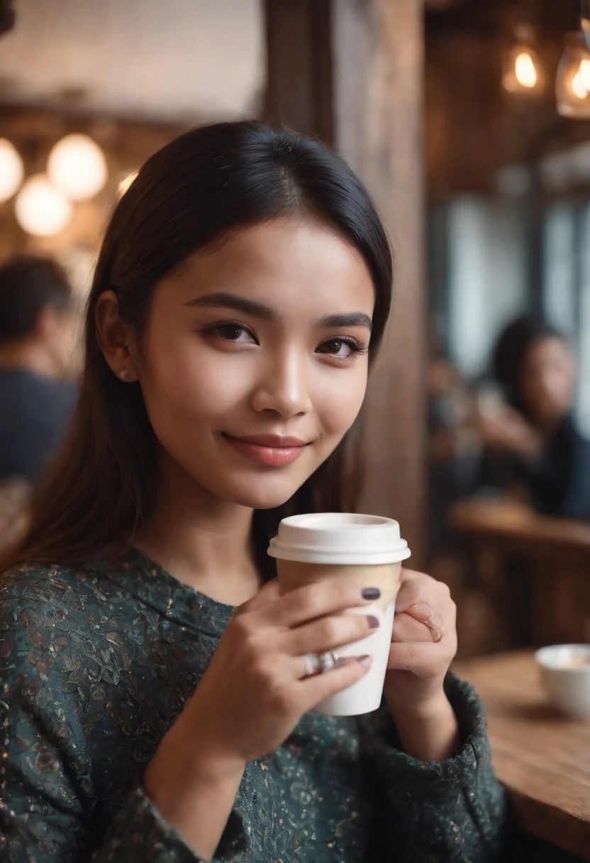 One malay girl in rock fashion drinking coffee in cafe, cozy atmosphere, smiling to the camera,