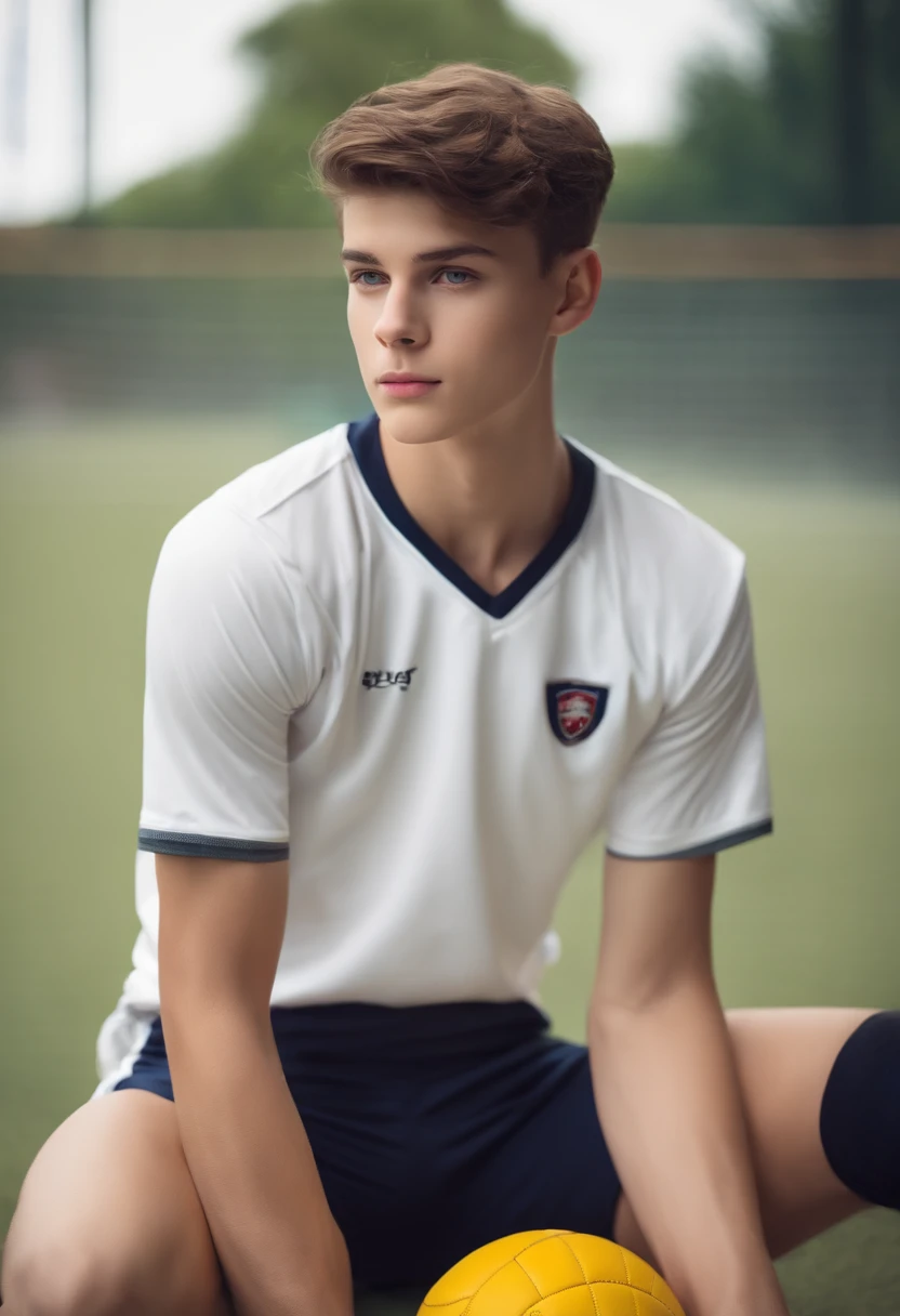 (masterpiece), best quality, expressive eyes, perfect face, 1 twink boy in tight volleyball uniform, shiny skin, shy face, , big erection, legs up.