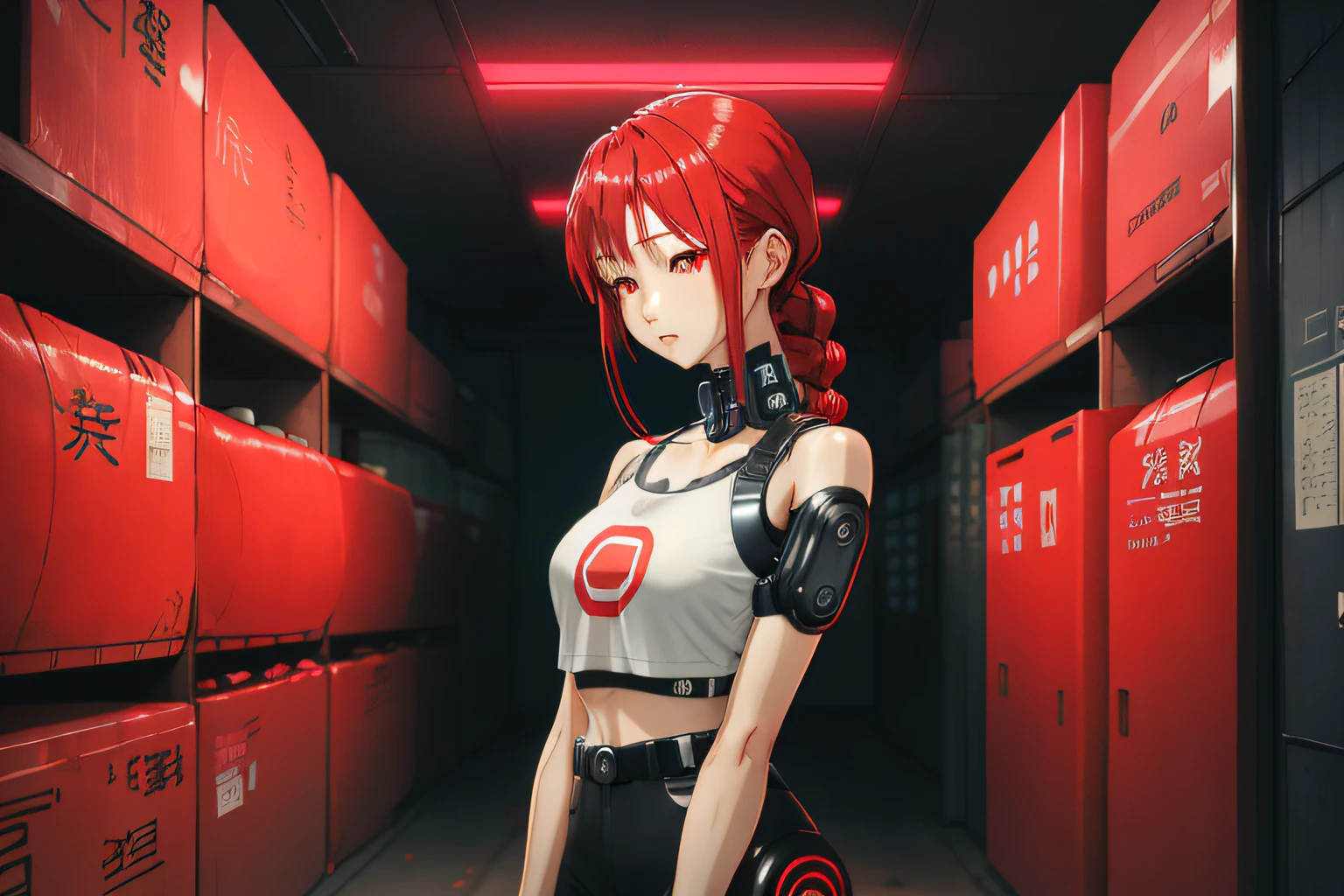 cyborg girl Aesthetic Anime Japanese Sexy Girl, red hair, black background, facing camera, sad vibes,  high technologie,