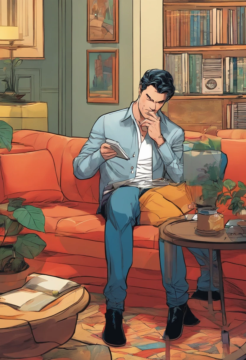 Bruce wayne sentado, on a couch in the living room of your home, ambiente decorarado, muito lindo, falando ao celular.