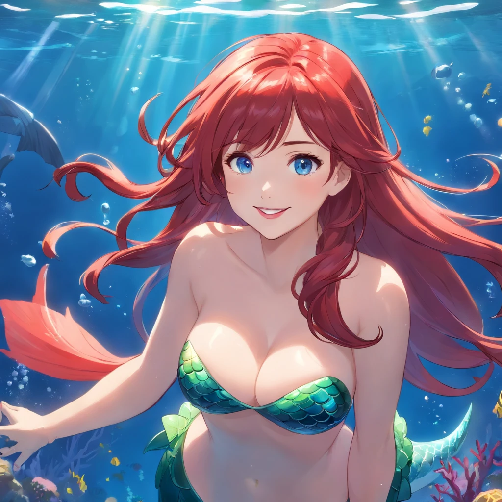 mermaid, red hair, long hair, blue eyes, large breasts, full body, underwater, smile, red lips,