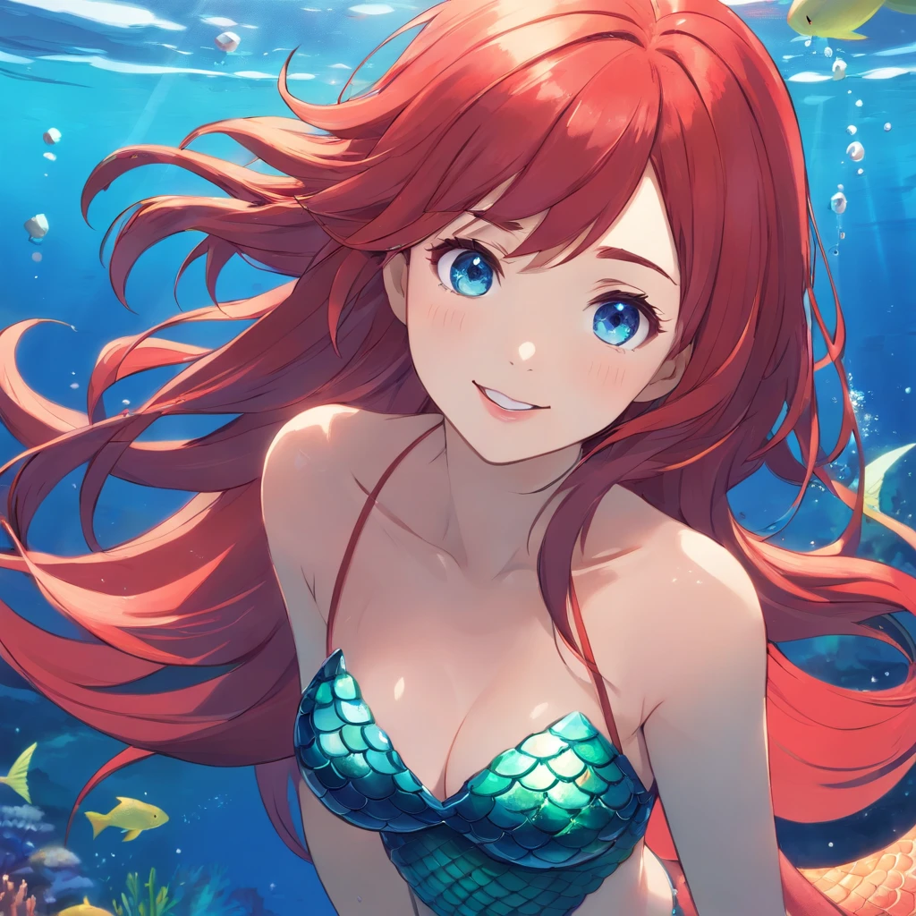 mermaid, red hair, long hair, blue eyes, large breasts, full body, underwater, smile, red lips,