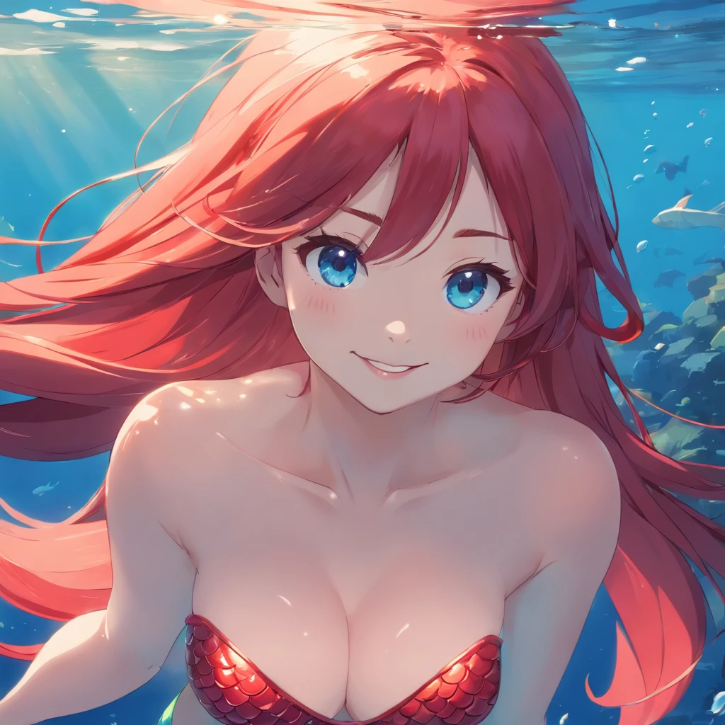mermaid, red hair, long hair, blue eyes, large breasts, full body, underwater, smile, red lips,