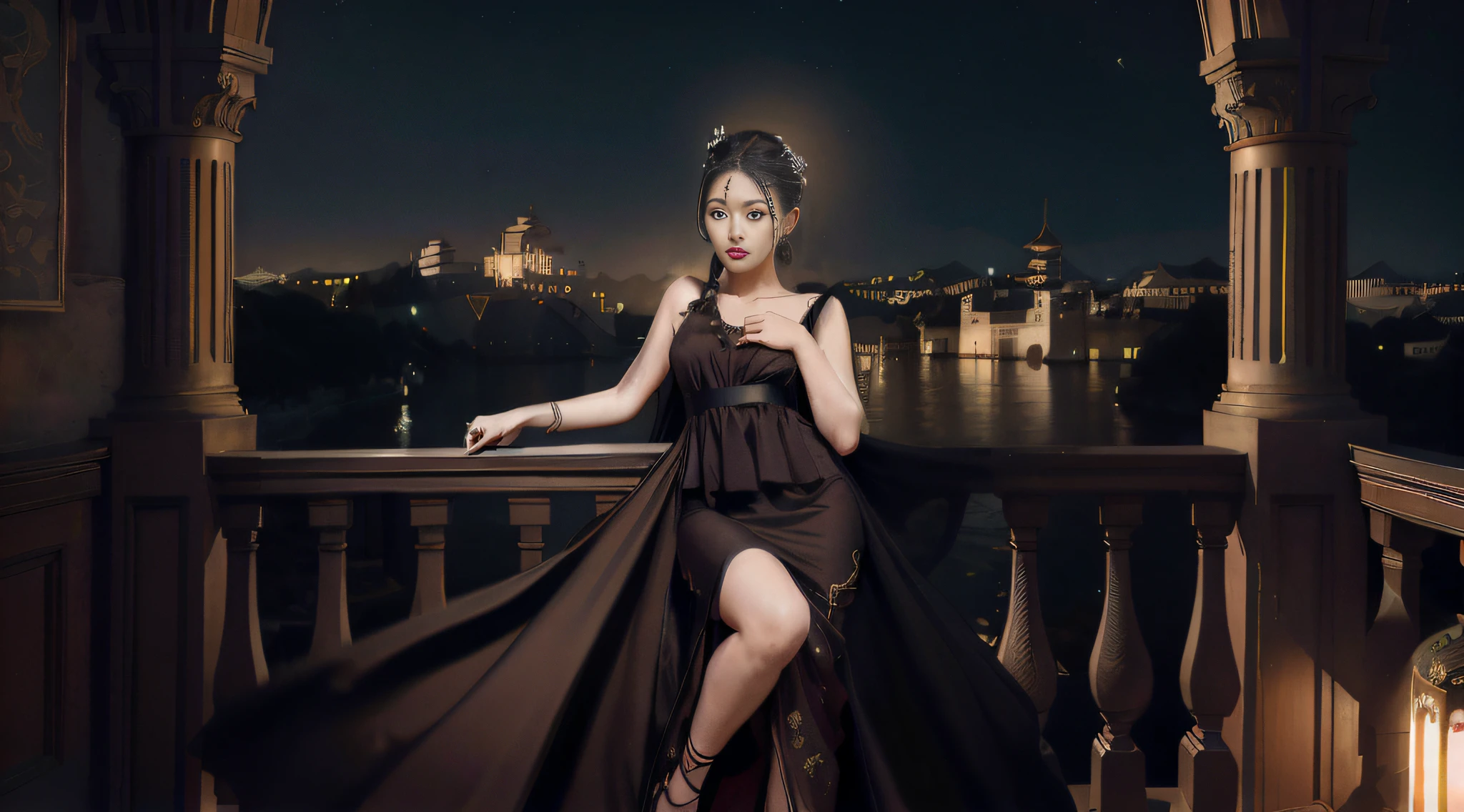 Woman in black pajamas posing on balcony, A princess, Palace , A girl in black pajamas, Final Fantasy, Bright moon, beautiful fantasy, Sexy girl,looks into camera,Inside the castle windowsill,Night view of an ancient Egyptian city,Beautiful river reflection with great views of the city